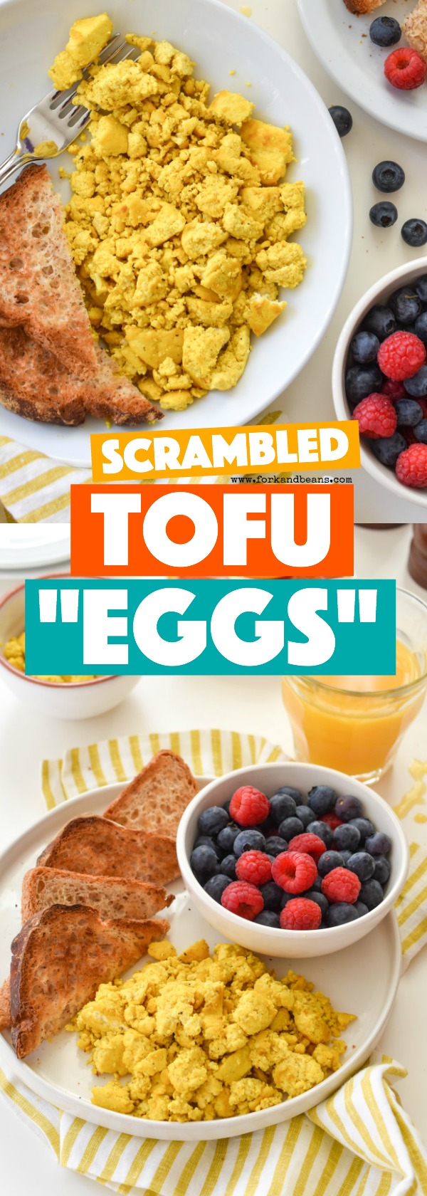 A photo compilation of a breakfast table with a plate of tofu scrambled eggs