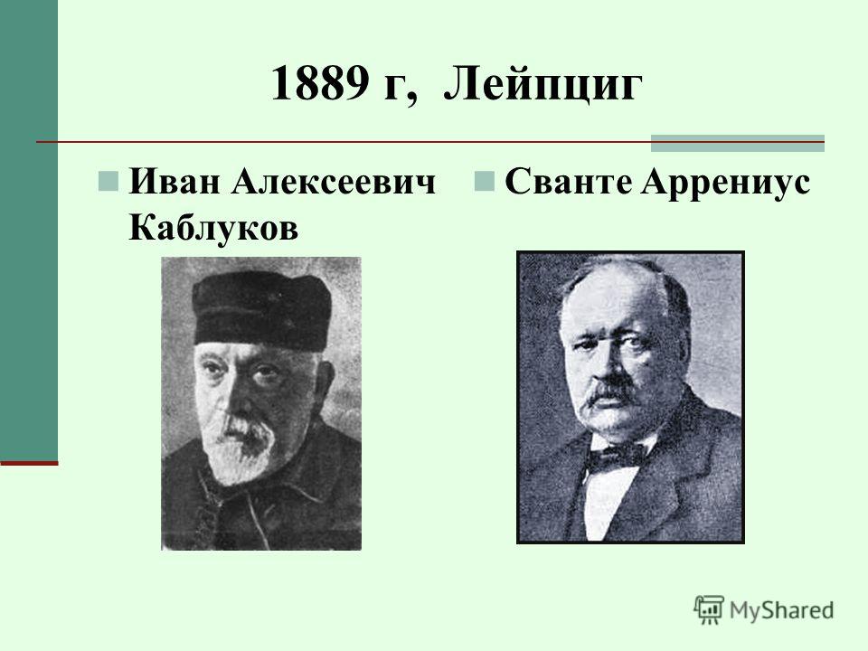 1889 г, Лейпциг Иван Алексеевич Каблуков Сванте Аррениус