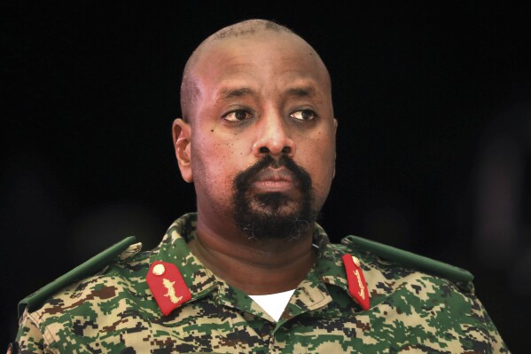 FILE - Lt. Gen. Muhoozi Kainerugaba, son of Uganda's President Yoweri Museveni, attends a "thanksgiving" ceremony in Entebbe, Uganda late Saturday, May 7, 2022. President Yoweri Museveni of Uganda on Thursday, March 21, 2024, named his son the top commander of the military, a controversial decision in a country where many have long believed Museveni is grooming his eldest child for the presidency. (AP Photo/Hajarah Nalwadda, File)