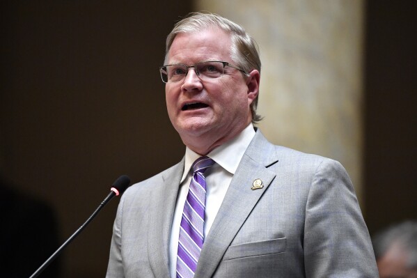 Kentucky Sen. Damon Thayer speaks to his fellow Senators during their session at the Kentucky State Capitol in Frankfort, Ky., Tuesday, March 26, 2024. (AP Photo/Timothy D. Easley)