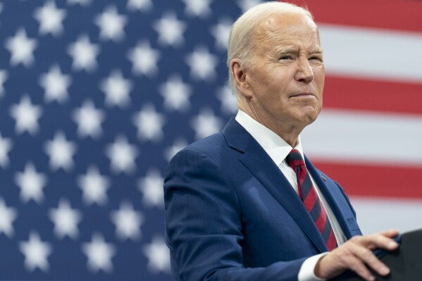 President Joe Biden delivers remarks during a campaign event with Vice President Kamala Harris in Raleigh, N.C., Tuesday, March 26, 2024. Voting ends Saturday in North Dakota’s Democratic presidential primary, with President Joe Biden looking to add the state’s handful of delegates to his insurmountable lead for the party’s nomination. The party-run contest rounds out the busiest month of voting on the presidential primary calendar, with 30 states, plus the District of Columbia and several U.S. territories all holding primaries and caucuses in the last 30 days. (AP Photo/Stephanie Scarbrough)