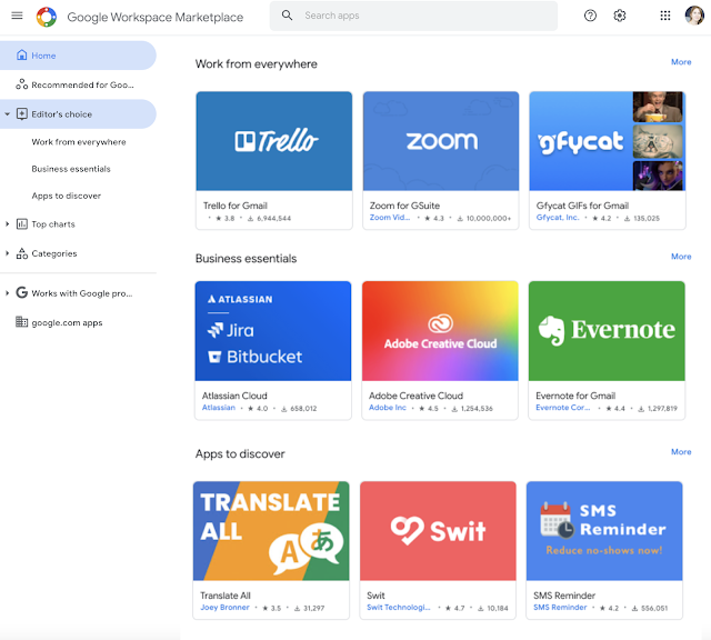 Verá nuevas categorías en el Google Workspace Marketplace, que les permiten a los usuarios ordenar categorías específicas para encontrar complementos relevantes.