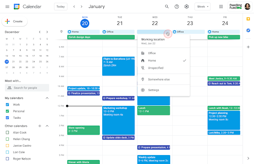 Un Calendario donde se muestra una semana con diferentes ubicaciones de trabajo en la parte superior de cada día