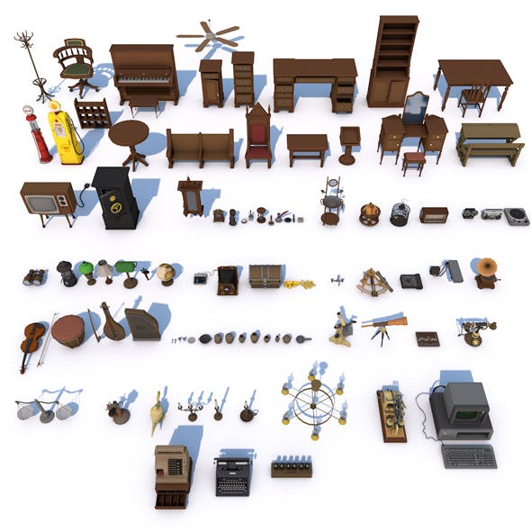 80 Vintage Antique Interior Exterior Furniture Props Collection - Game Ready Low Poly