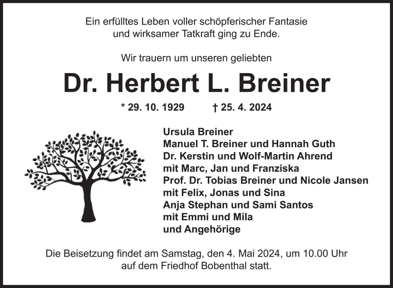  Traueranzeige für Herbert L. Breiner vom 27.04.2024 aus Frankenthaler Zeitung