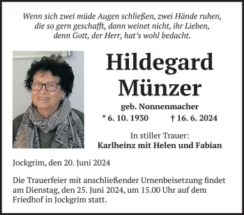 Traueranzeige von Hildegard Münzer von Pfälzer Tageblatt