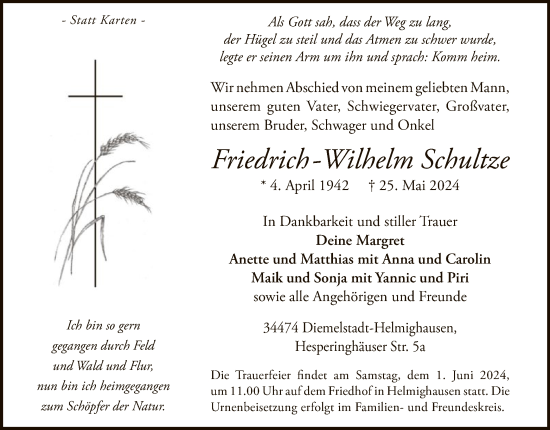 Traueranzeige von Friedrich-Wilhelm Schultze von WLZ