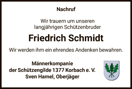 Traueranzeige von Friedrich Schmidt von WLZ