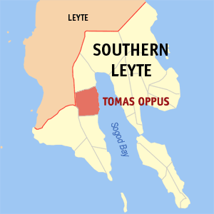 Mapa sa Habagatang Leyte nga nagpakita kon asa nahimutang ang Tomas Oppus