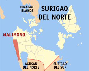 Mapa sa Surigao del Norte nga nagpakita kon asa nahimutang ang Malimono
