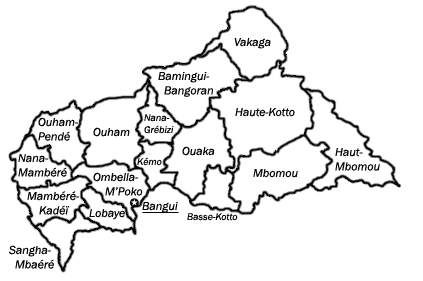 Harta celor 14 prefecturi ale Republicii Centrafricane.