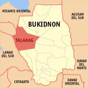 Mapa sa Bukidnon nga nagapakita kon asa nahimutangan ang Talakag