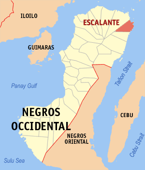 Mapa sa Negros Occidental nga nagpakita kon asa nahimutang ang Dakbayan sa Escalante