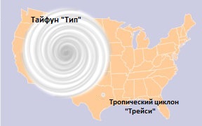 Сравнительные размеры тропических циклонов: тайфун «Тип» и циклон «Трейси» над территорией США