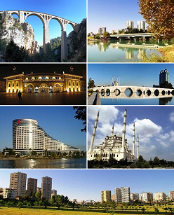 یکمی از سمت چپ: Varda Viaduct, یکمی از سمت راست: پارک دیلبرلر سکیسی در سیهان، دومی از چپ: Adana station, دومی از راست:Taşköprü, سومی از چپ: Sheraton Adana, سومی از راست: Sabancı Central Mosque, چهارمی bottom: White Houses neighborhood.