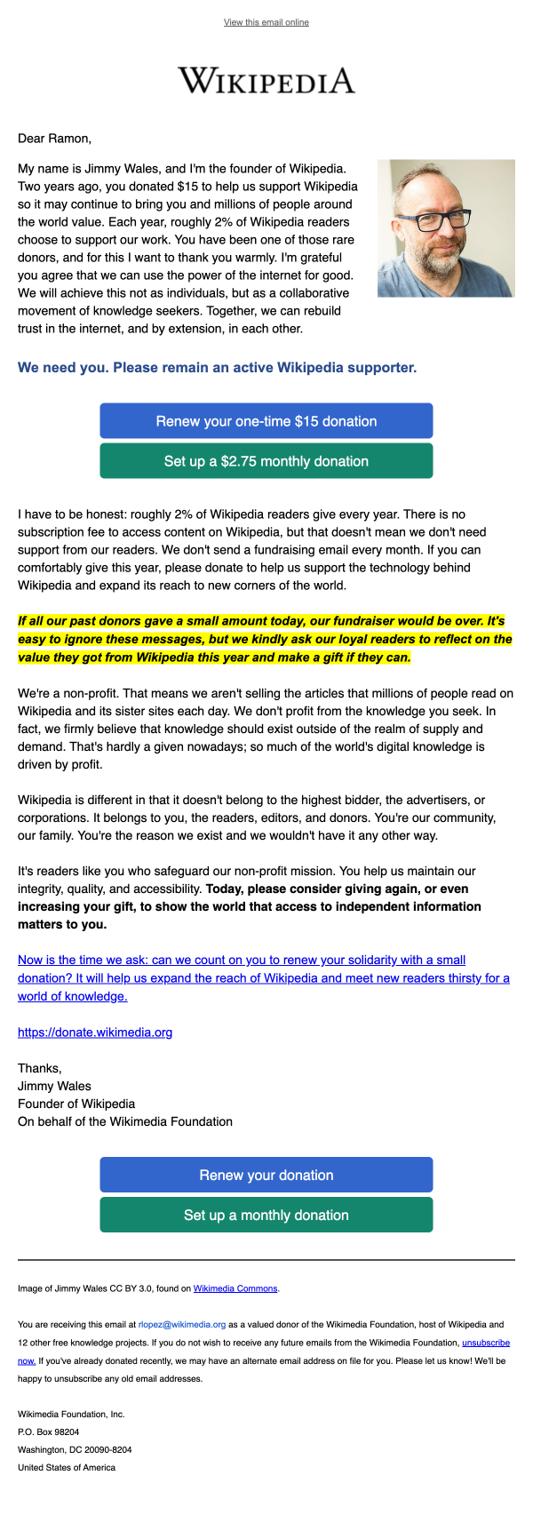Example of a fundraising email sent to previous Wikimedia Foundation donors