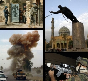 Medsols från vänster topp: en patrull i Samarra; den iscensatta nedtagningen av Saddam Husseins staty; en soldat från Irakiska armén gör sitt eldhandvapen klart för anfall; Improviserade sprängmedel detonerar i södra Bagdad.