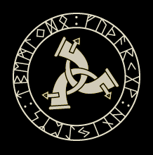 Ältere Runenreihe und Triskele auf Logo der esoterischen Runenschule Rune-Gild, 1980 von Stephen Flowers gegründet