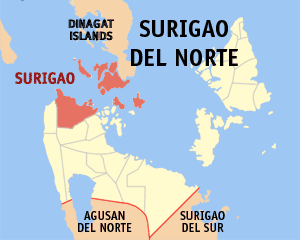 Mapa sa Surigao del Norte nga nagapakita kon asa nahamutangan ang Dakbayan sa Surigao