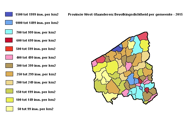 Provincie West-Vlaanderen: bevolkingsdichtheid per gemeente - 2015
