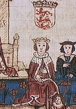 Лливелин ап Грифид приносит присягу Генриху III. Миниатюра из рукописи. Сверху — герб Гвинеда