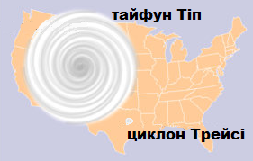 Порівняльні розміри тайфуну Тіп, циклону Трейсі над США