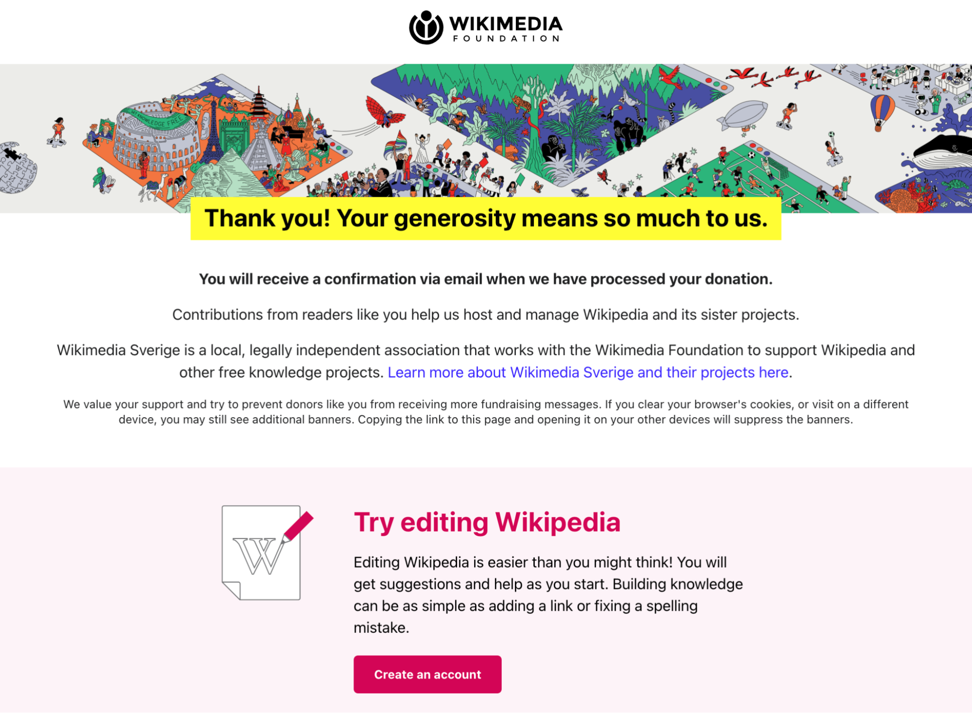Example of post-donation Thank You Page for Sweden, with an invitation to edit Wikipedia.