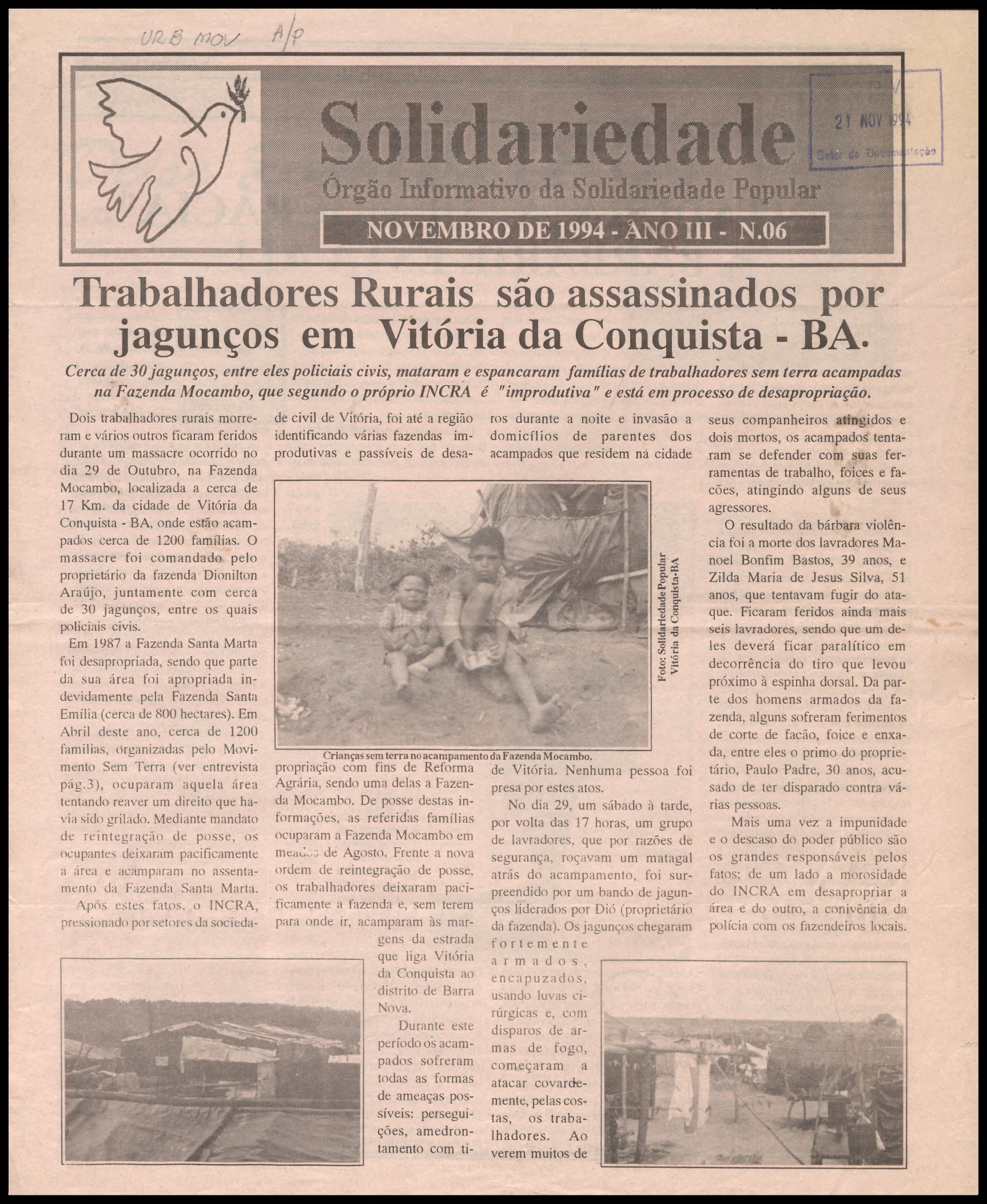 Página de jornal que noticia o assassinato de Maria Zilda e seus companheiros
