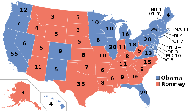 Risultati del voto per il collegio elettorale: in blu gli stati i cui grandi elettori sono stati vinti da Obama, in rosso gli Stati i cui grandi elettori sono stati vinti da Romney. I numeri indicano il numero di grandi elettori per ogni stato