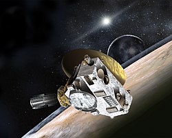 A New Horizons a Pluto mellett (művészi ábrázolás)