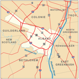 Map shows the city of Albany on the west bank of the Hudson surrounded by the towns of Colonie Guilderland and Bethlehem. Roads are also shown. Interstates 90 87 and 787 pass through the city boundaries.