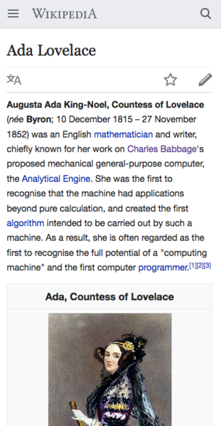 Article Ada Lovelace en anglais avec l'agencement où le premier paragraphe introductif est affiché avant l'infobox.