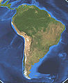 English: Satellite view of the continent. Español: Vista satelital de Sudamérica Français : Photo satellite du continent. Português: Imagem do subcontinente a partir de satélite.
