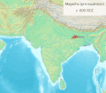Territory of Magadha and the Maurya Empire between 600 and 180 BCE, including Chandragupta's overthrow of the Nanda Empire (321 BCE) and gains from the Seleucid Empire (303 BCE), the southward expansion (before 273 BCE), and Ashoka's conquest of Kalinga (261 BCE).[34]