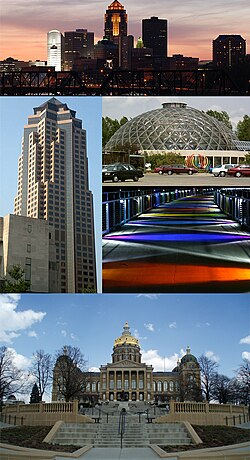 Clockwise from top: Skyline, Greater Des Moines Botanical Garden, Kruidenier Trail bridge, and the Iowa State Capitol, 801 Grand (Principal Financial Group)