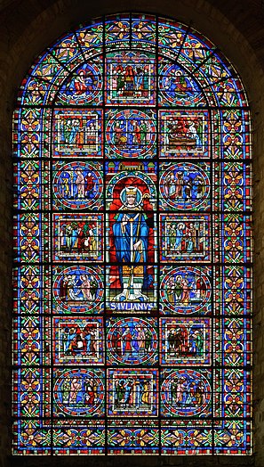Large version of the stained glass depicting Julian of Le Mans and 16 episodes of his life (XIIth century, restored in 1897) - West facade of Le Mans Cathedral - Le Mans (Sarthe, France)
