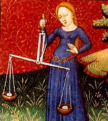 A woman holding the scales (Book of Hours, the Fastolf Master [fr], Bodleian Library)