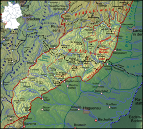 Lage des Wasgaus (aufgehellt) im Südteil des Pfälzerwaldes und im Ostteil der Nordvogesen