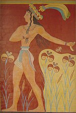 Pictură murală restaurată, numită „Prințul Crinilor”, Palatul Epoca Bronzului din Minos, Cnossos, în Creta