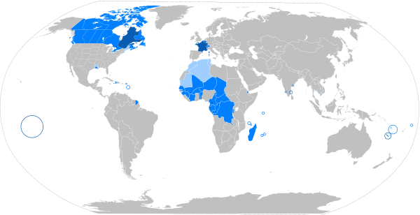 Ֆրանսերենն աշխարհում : bleu foncé : langue maternelle ; bleu : langue administrative ; bleu clair : langue de culture ; vert : minorités francophones