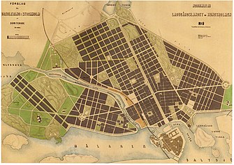 Vänster: Lindhagenplanen för Norrmalm, Ladugårdslandet och Kungsholmen från 1866. Höger: Förslag till stadsplan för Norrmalm och de oreglerade delarna av Ladugårdslandet från 1878.