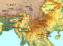 Sichuan Basin in relation to Southeast Asia and the eastern part of South Asia, with the Tea Horse Road routes highlighted in red