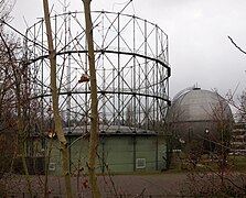 Decommissioned gas holder next to a spherical gas tank in Pforzheim, Germany