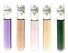 Lima cairan dalam tabung kaca: violet, Pu(III); cokelat tua, Pu(IV)HClO4; ungu muda, Pu(V); cokelat muda, Pu(VI); hijau tua, Pu(VII)