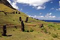 Outer slope of the Rano Raraku volcano, the quarry of the moai with many uncompleted statues.