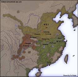 Wilayah pengaruh Wu (warna hijau) pada tahun 262
