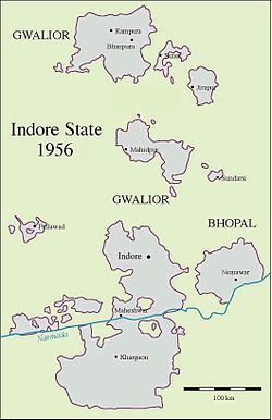 Map of the territories of Indore State, some forming enclaves in neighbouring Gwalior and Bhopal states