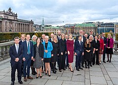 Regeringen Kristersson på Lejonbacken på tillträdesdagen efter konseljen med kung Carl XVI Gustaf den 18 oktober 2022.
