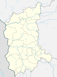 Mapa konturowa województwa lubuskiego, u góry nieco na lewo znajduje się punkt z opisem „Wyższa Szkoła Biznesu w Gorzowie Wielkopolskim”