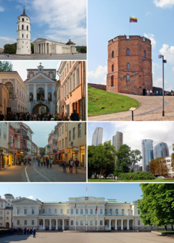 Clockwise from top right: Gediminas' Tower, Vilnius business district, Presidential Palace, Pilies Street, Gate of Dawn, Vilnius Cathedral and its bell tower